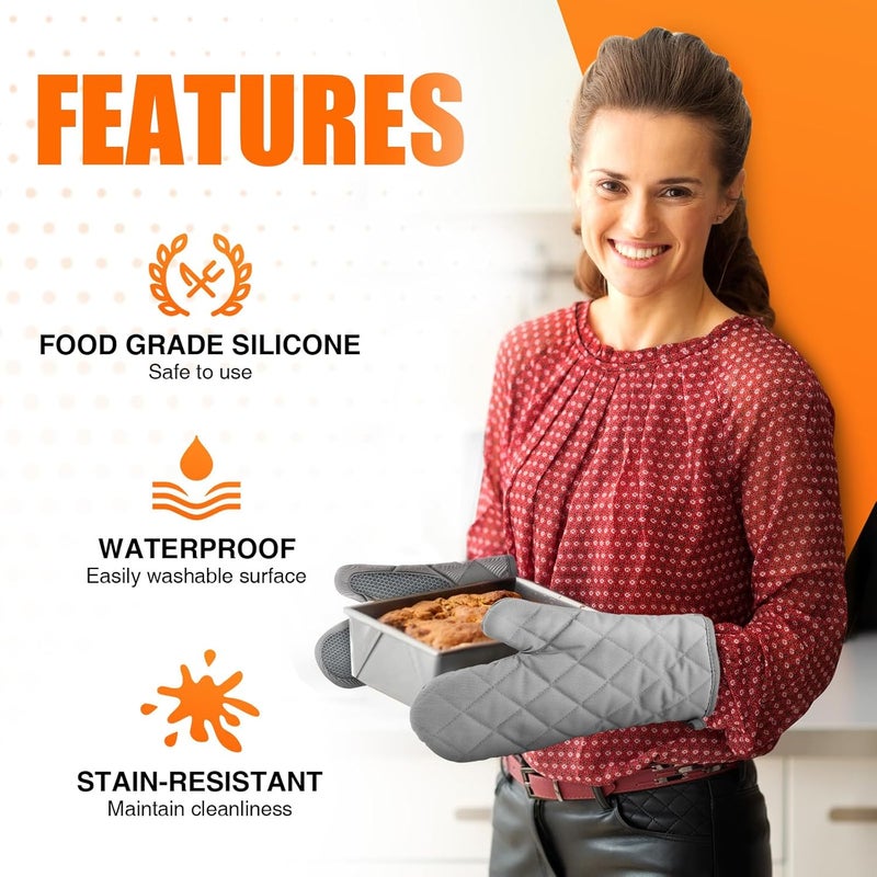 HSEEC Silicone Oven Mitts, Heat Resistant 2PCS Oven Mitts with Soft Cotton Lining, Waterproof Non-Slip Grip Oven Glove, Kitchen Potholder Mits for BBQ, Baking, Cooking, 10.5Inch - Dark Grey - Image 4